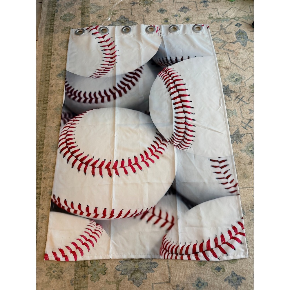 Baseball Sports Theme Grommet Window Curtain Panels (2) White Red All Over Print - Picture 2 of 3